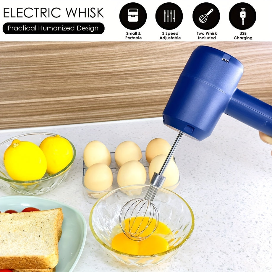 Portable Electric Handheld Whisk Mixer with USB Rechargeable Battery, 3-Speed, Stainless Steel Whisks for Baking and Cooking
