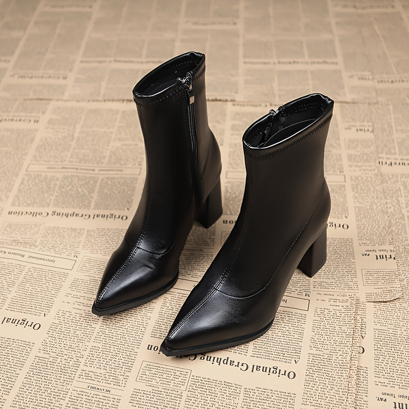 Women's Faux Leather Ankle Boots With Pointed Toe & Block Heel