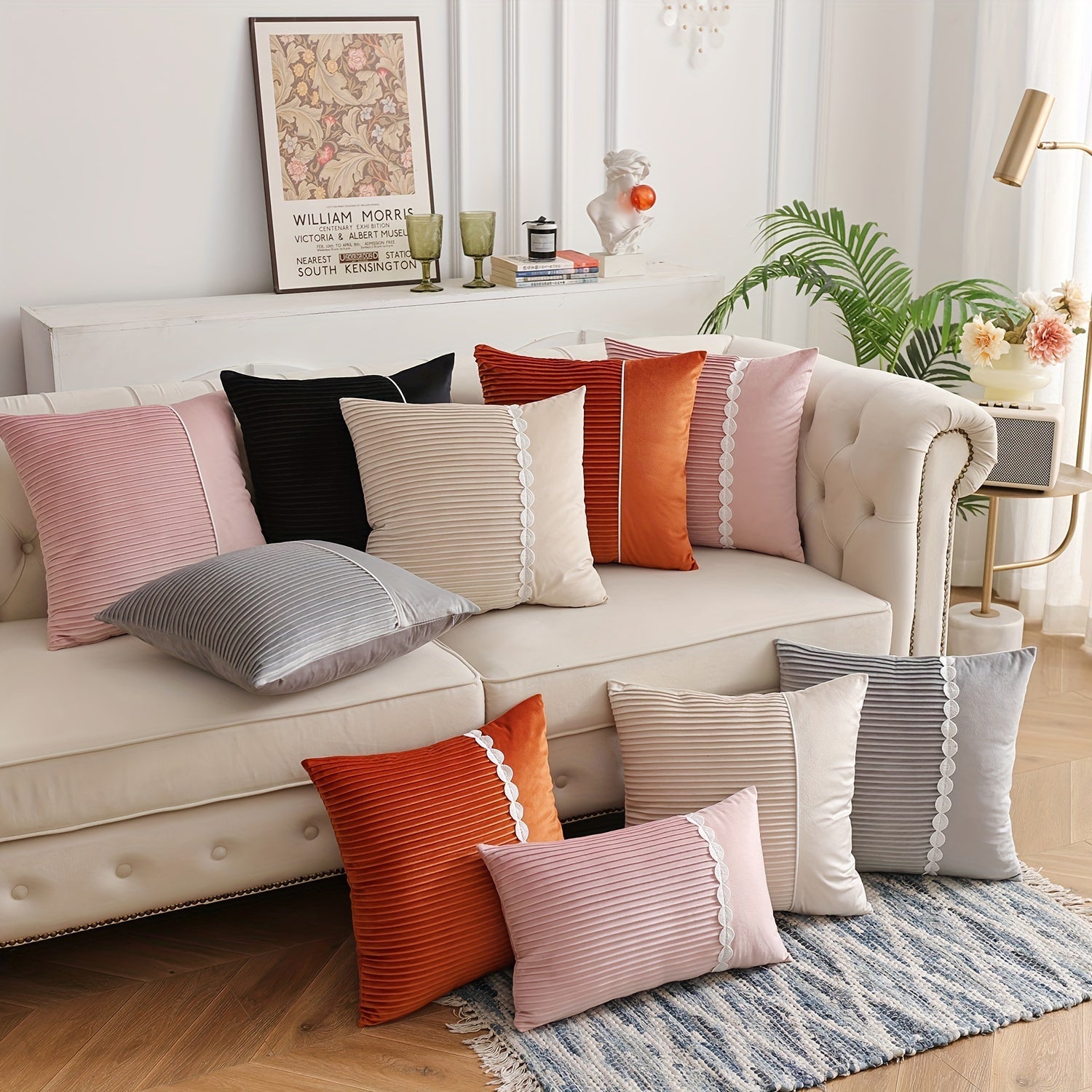 Solid Color Polyester Pillow Cover with Piping for Sofa Couch Bedroom Decor