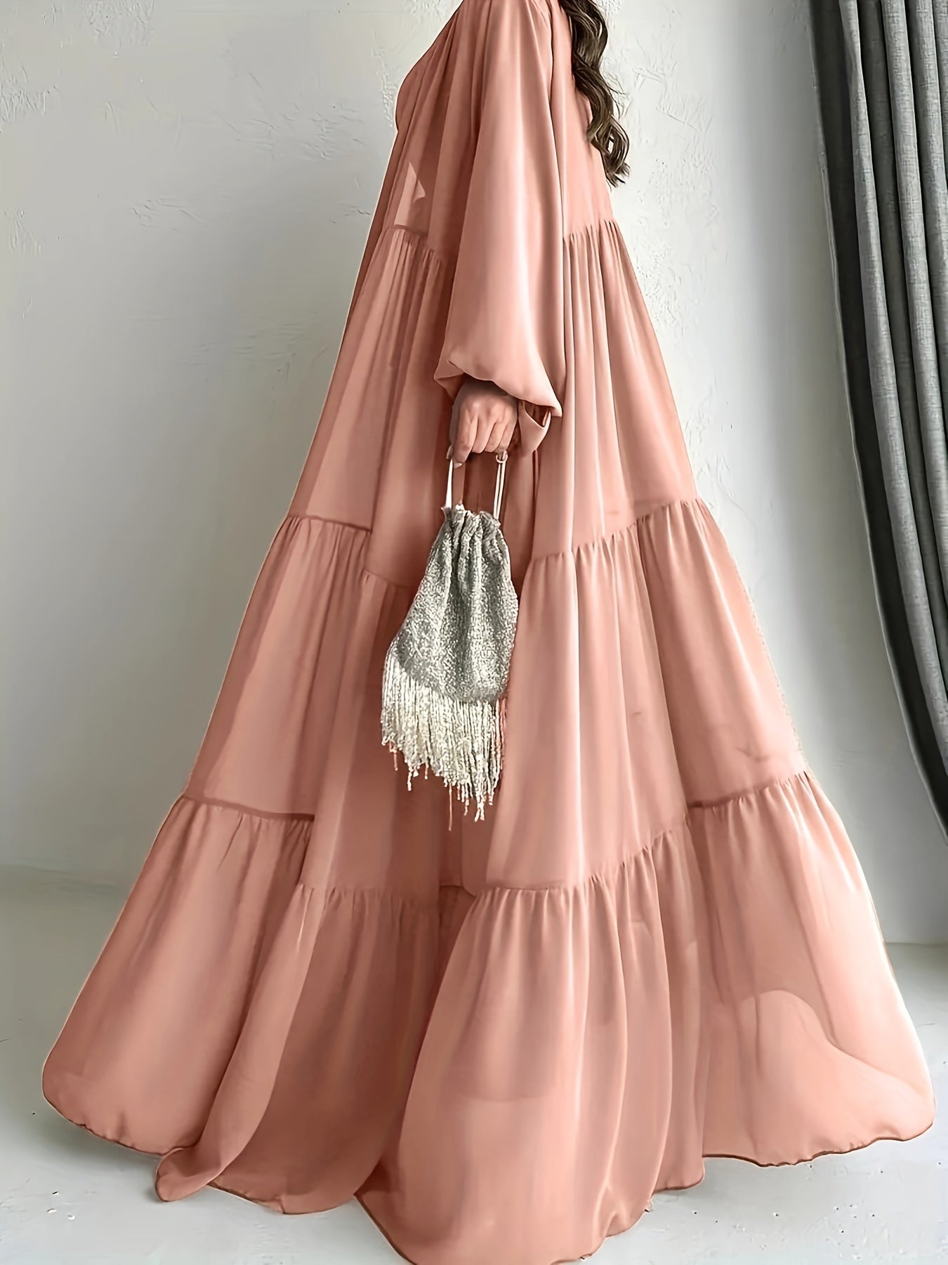 Middle Eastern Abaya Set with Chiffon Robe and Belt Long Sleeve Lantern Ruffle Hem Solid