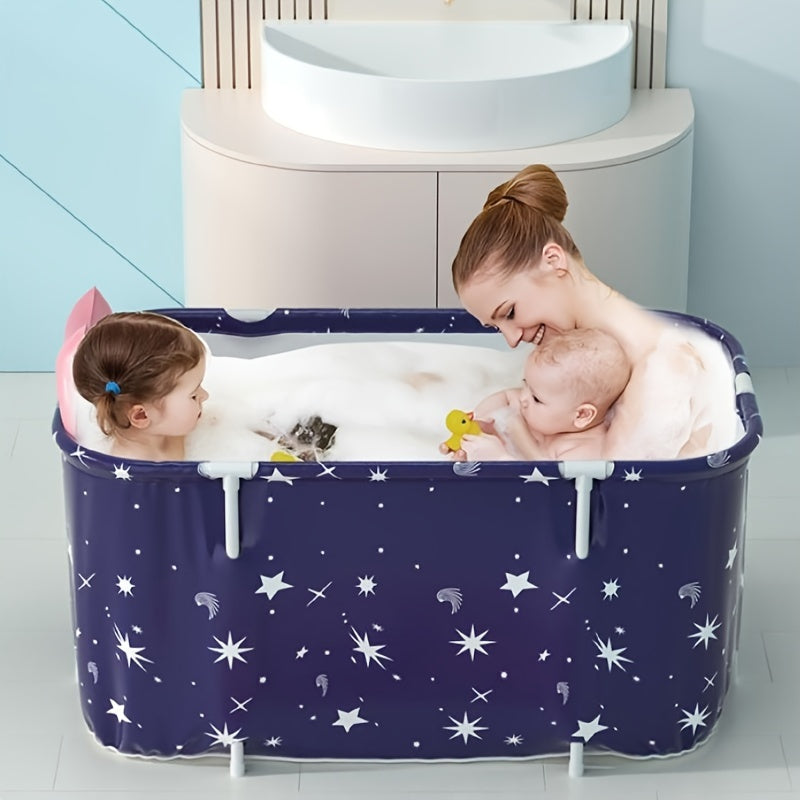 Adults Foldable Freestanding Bathtub PVC Blue White Marble Pattern Dual-Person Easy to Use