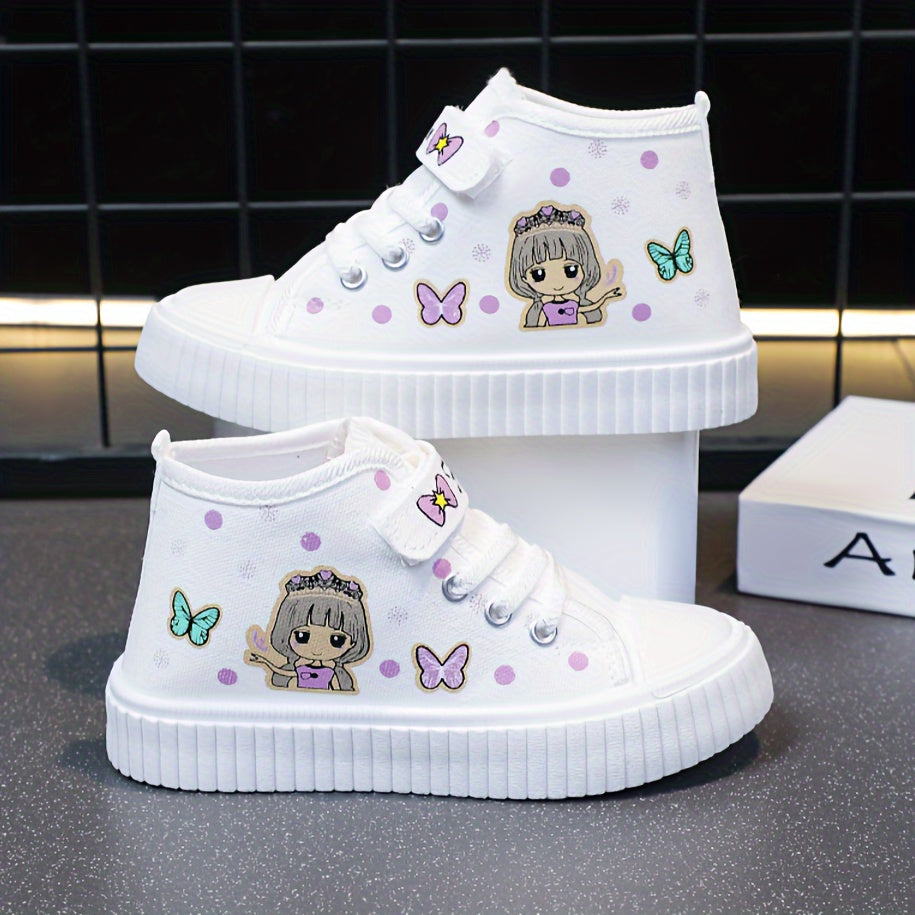 Girls' Canvas High-Top Sneakers with Cartoon Pattern, Breathable, Durable Sole