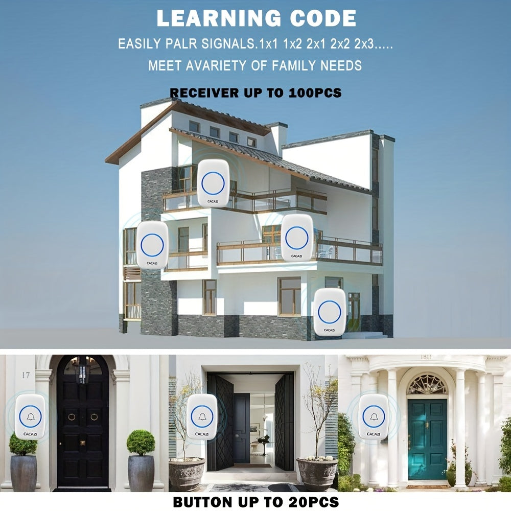 Wireless Doorbell Set with 2 Plug-in Receivers 304.8m Range 60 Melodies Volume Control EU Plug