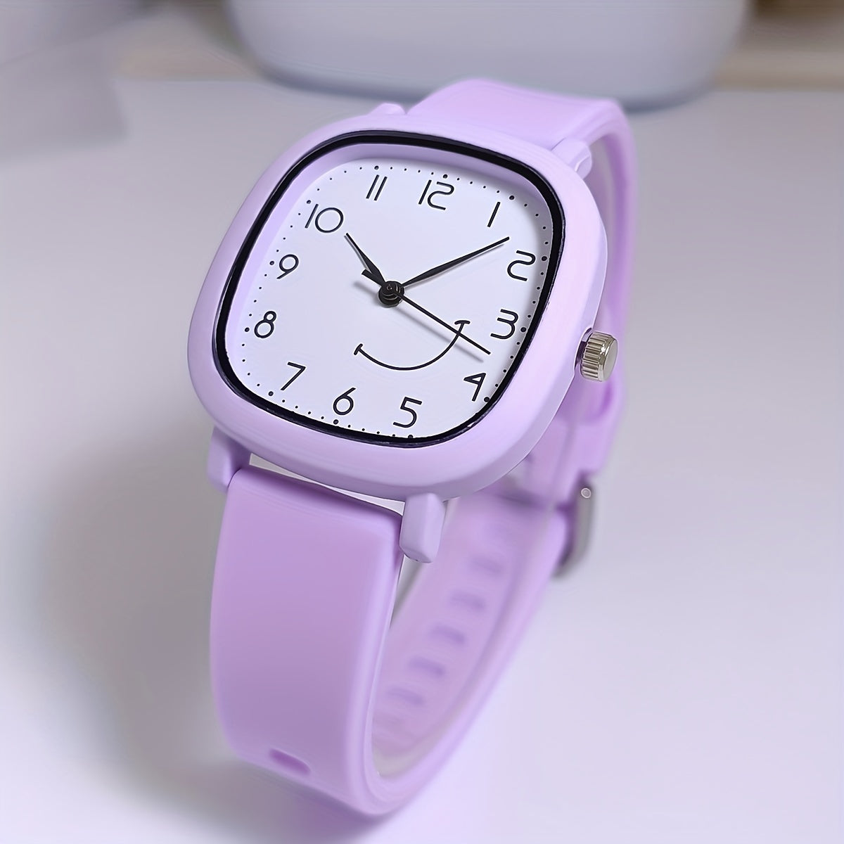 Women's Quartz Watch Square Face Silicone Strap Casual with Smile Face Design