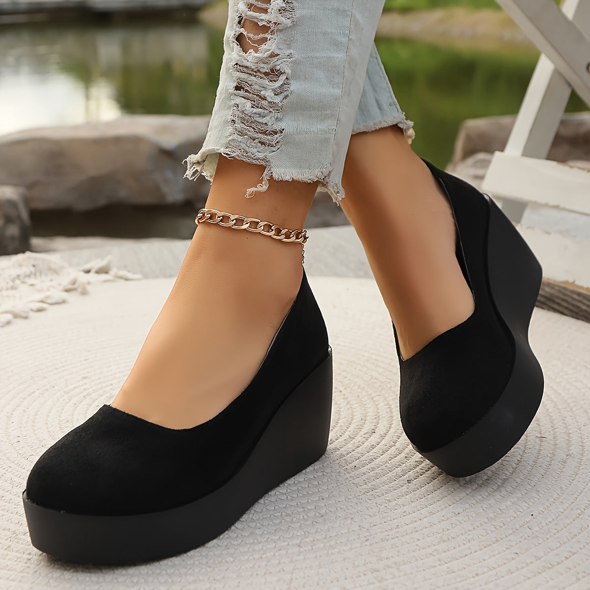 Women's Black Slip-On Platform Wedge Loafers for Casual Daily Wear
