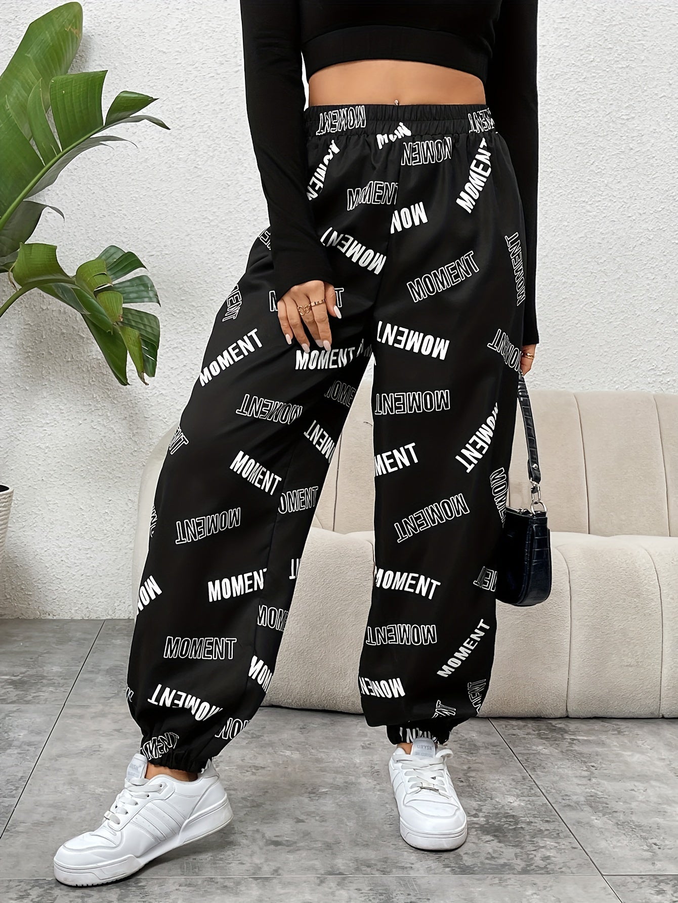 Women's Monogrammed Casual Pants with Elastic Waistband Polyester All-Season