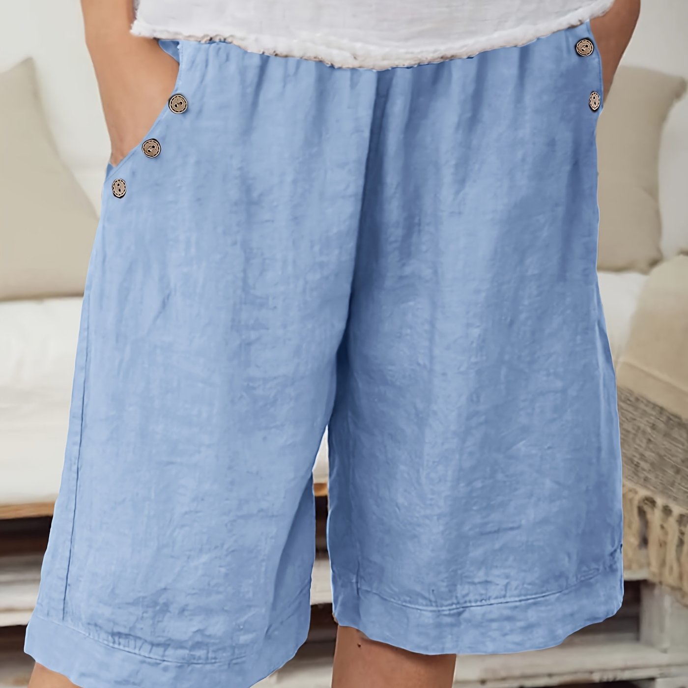 Pantalones cortos casuales de color sólido para mujer, poliéster, gris claro, ajuste relajado, verano