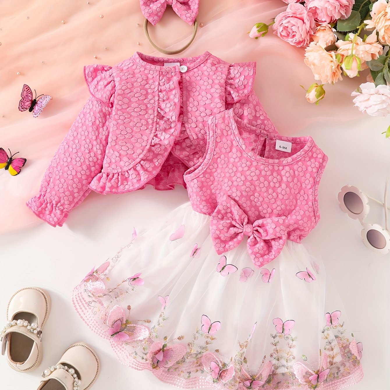 Girls' Long Sleeve Butterfly Pattern Tulle Dress Set with Crop Top and Bow Headband for Fall Winter