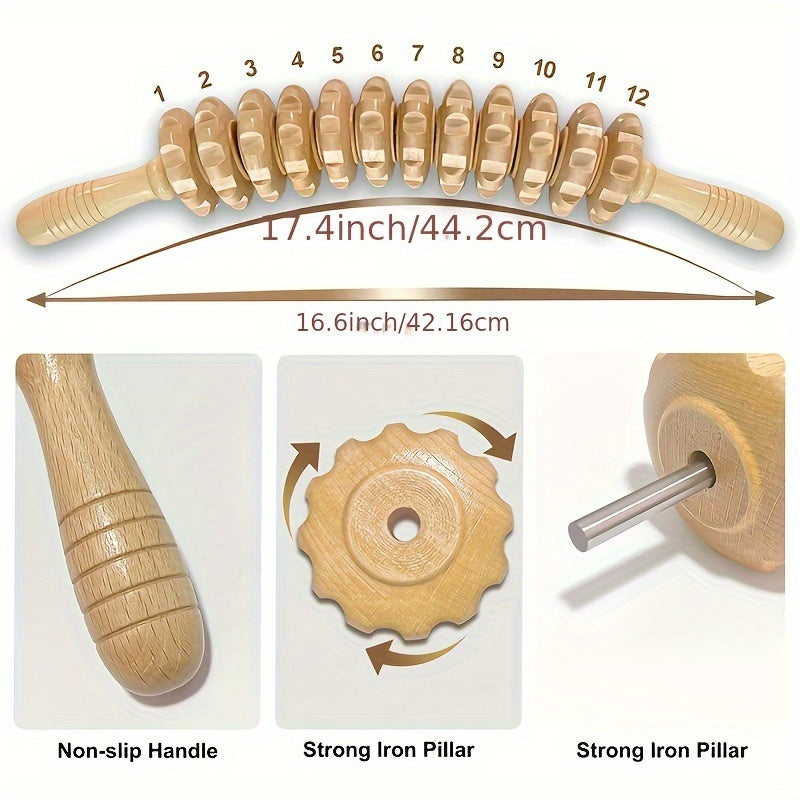 Wooden Handheld Massage Roller with 12 Curved Rollers for Muscle Tension Relief