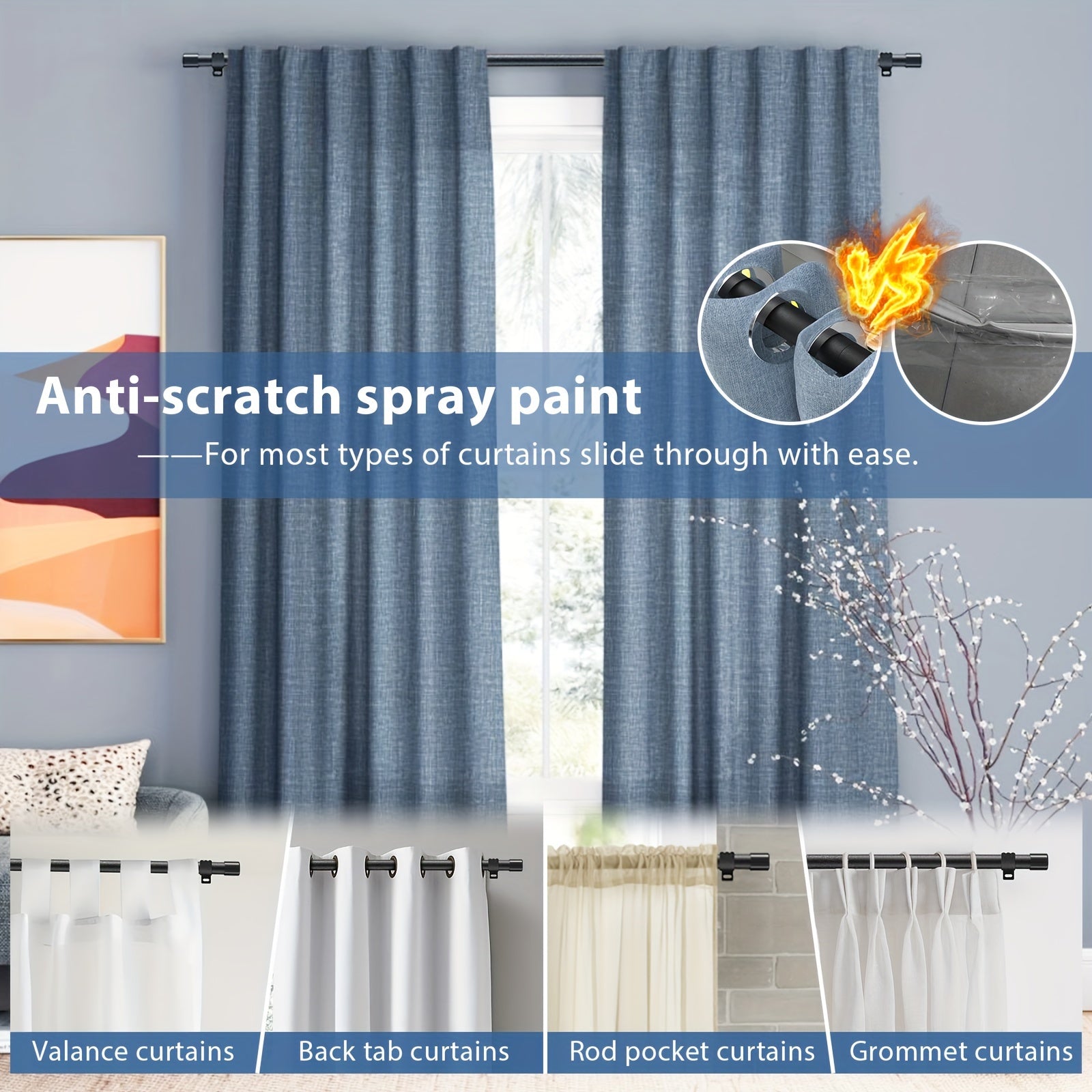 Adjustable Curtain Rod Set 5/8 Inch Metal Pole Matte Black for Window Drapes