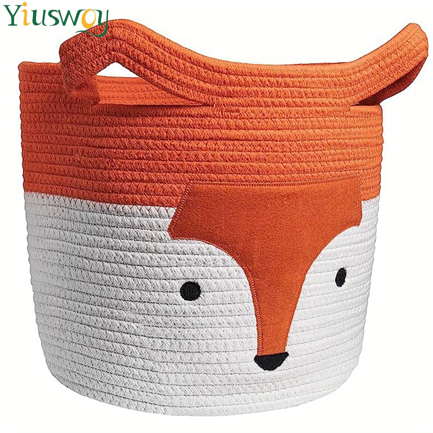 Katta to'qilgan ipdan yasalgan kir yuvish savati, multfilm tulkisi yuziga ega, o'yinchoqlar, kiyimlar va uy hayvonlari uchun kerakli buyumlarni saqlash uchun ideal, to'q sariq va oq ranglarda.