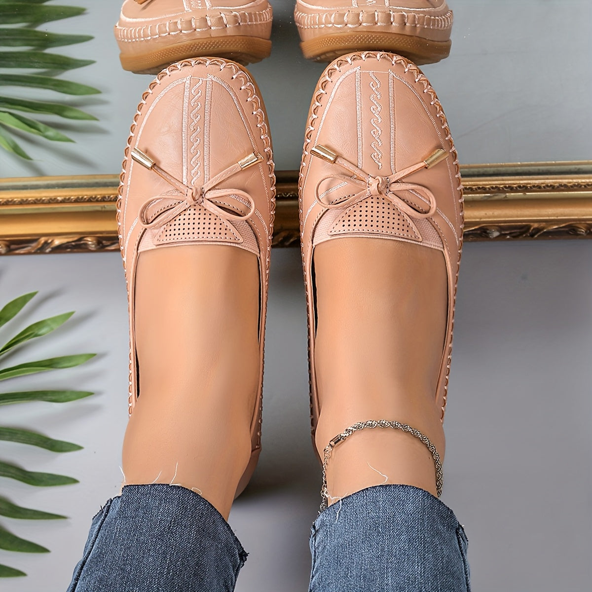 Women's White Faux Leather Slip-On Loafers with Bow Breathable Mesh