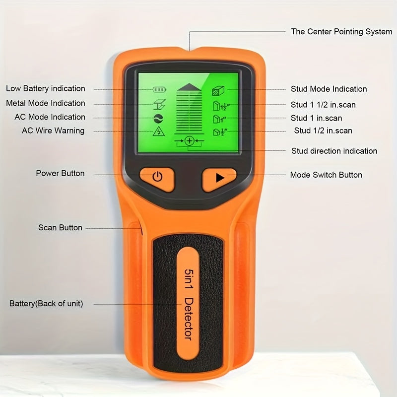 5-in-1 Stud Finder Wall Scanner Detects Wood Metal AC Wires Backlit Display Battery Operated