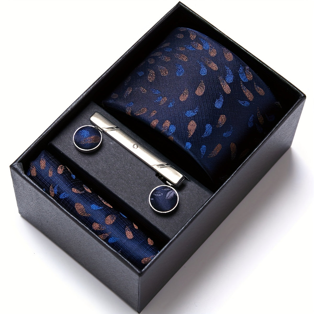 Men's Blue Tie Set with Pocket Square Cufflinks and Tie Clip for Weddings and Occasions