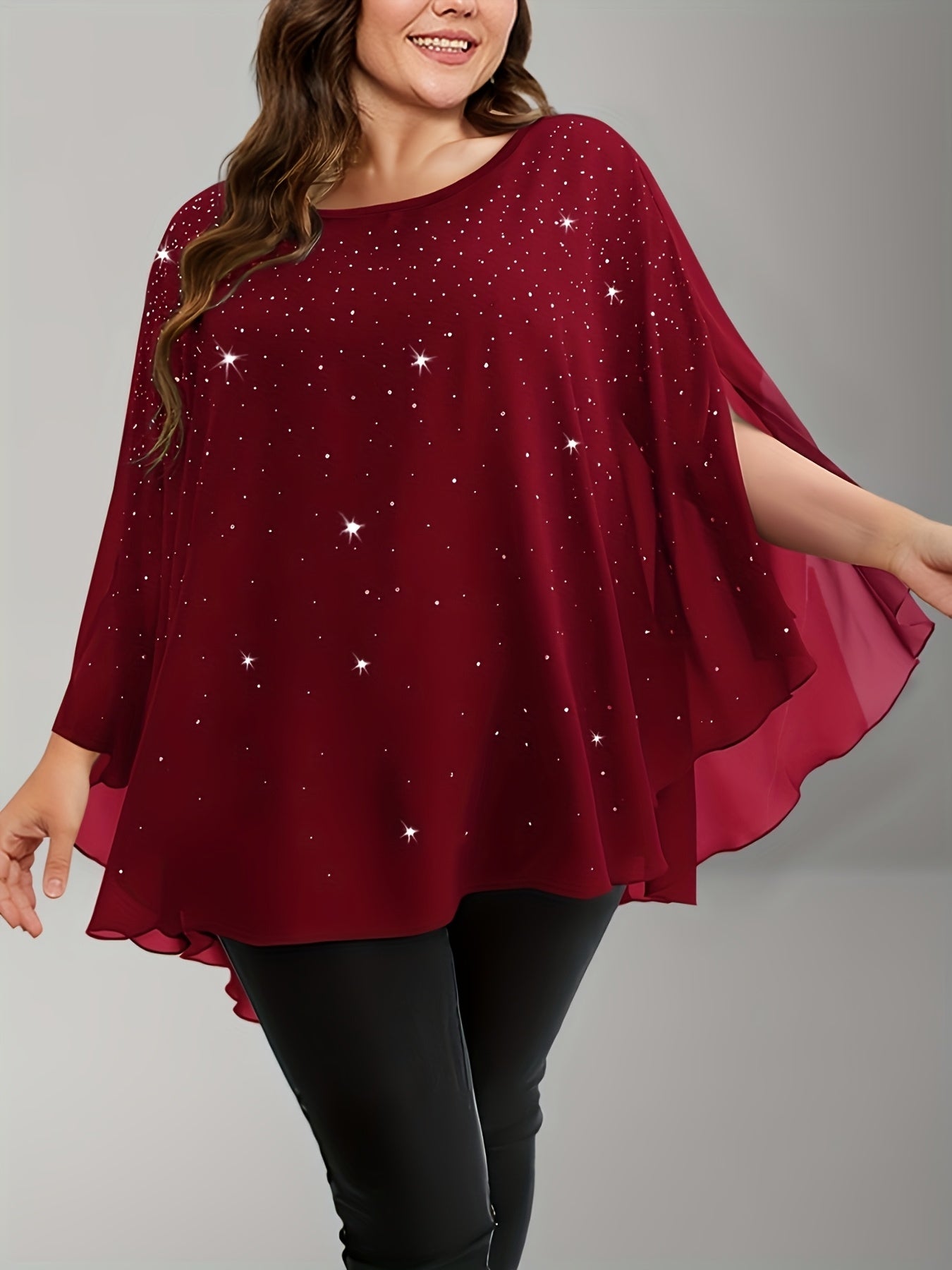 Plus Size Chiffon Blouse with Sequins and Ruffle Sleeves for Women