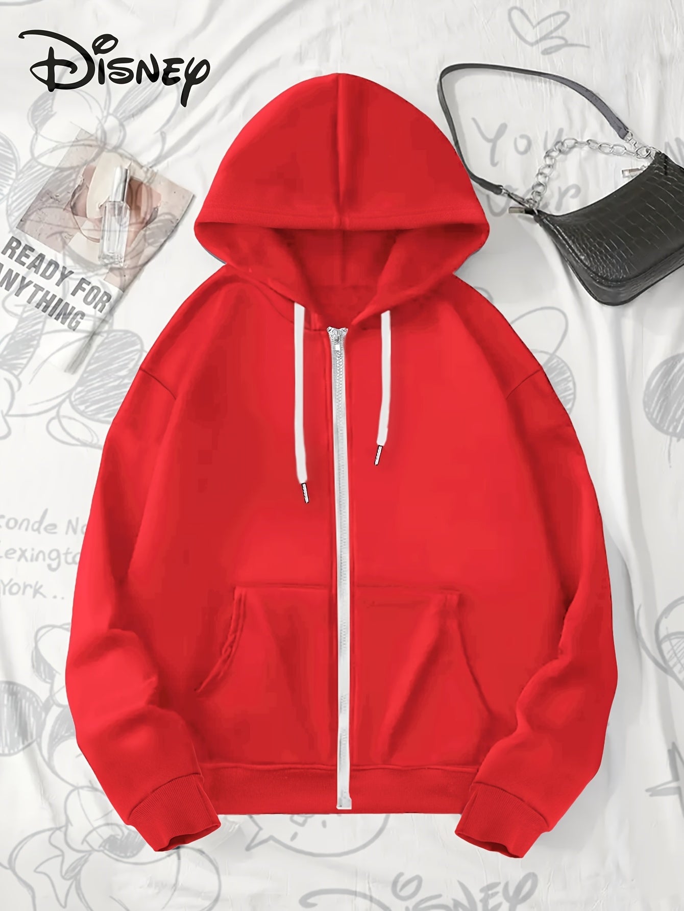 Women's Red Hoodie with Mickey Mouse Print Zip Casual Fall Winter
