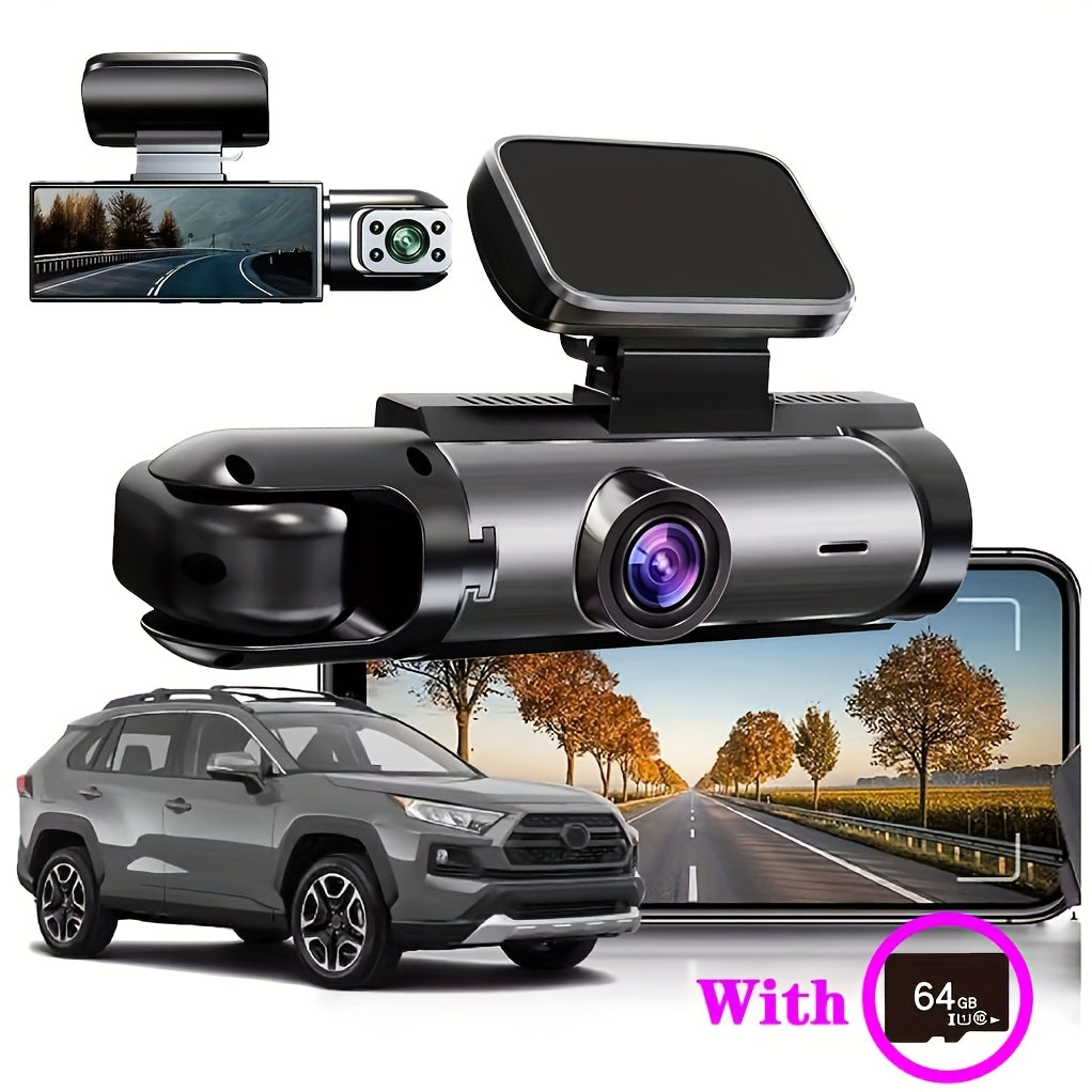 Cámara de tablero para coche con doble lente 1080P, sensor de gravedad, grabación en bucle de 64GB, batería de 12 horas