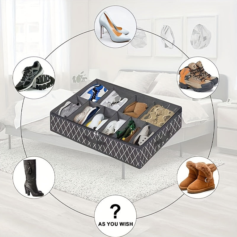 Yengil, minimalist geometrik naqshga ega yotoq ostidagi poyabzal saqlash qutisi; egiluvchan va changdan himoyalangan, tartibga solish uchun panjaralar bilan.