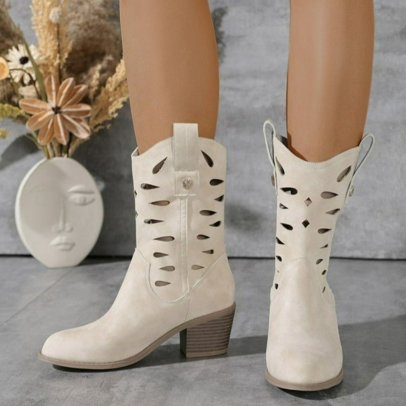 Women's Chunky Mid-Calf Boots Leather Stylish Comfortable Winter Shoes