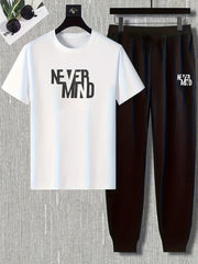 Conjunto de pijama de poliéster para hombre con camiseta de cuello redondo y manga corta con estampado de alfabetos y pantalones elásticos, ropa de dormir para todas las estaciones