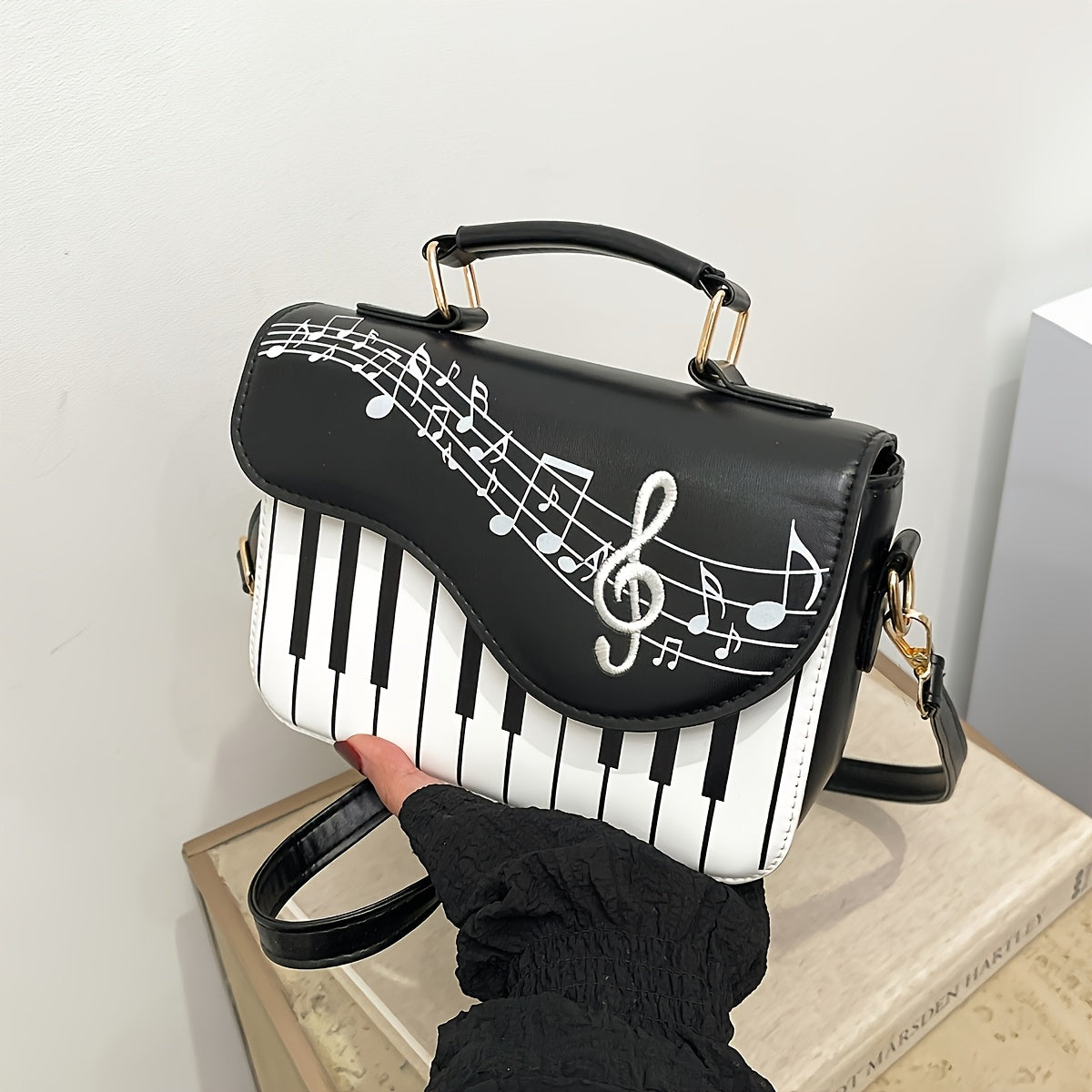 Women's Black and White Plaid Shoulder Bag with Adjustable Strap Zipper Closure