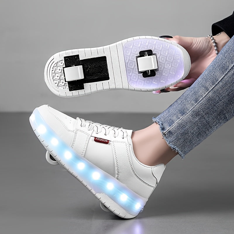 Kids' LED Light-Up Sneakers for Boys and Girls White with Blue Red Green Lights Breathable PU Adjustable Strap