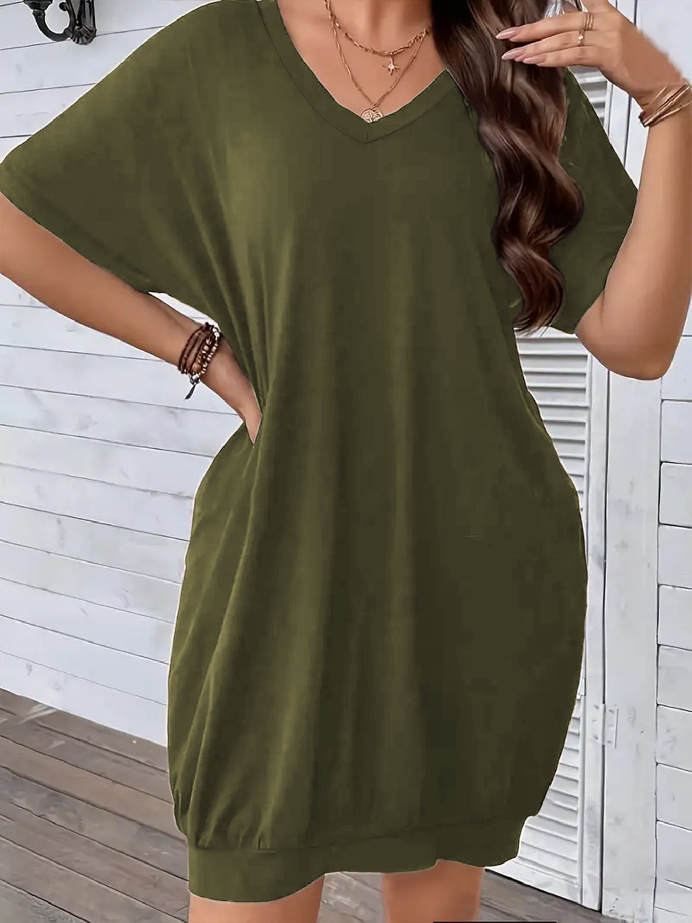 Plus Size Women's V-Neck T-Shirt Dress with Pockets Short Sleeve Casual Spring Summer Fall