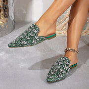 Women's Green Water Crystal Embellished Slip-On Flats Shoes