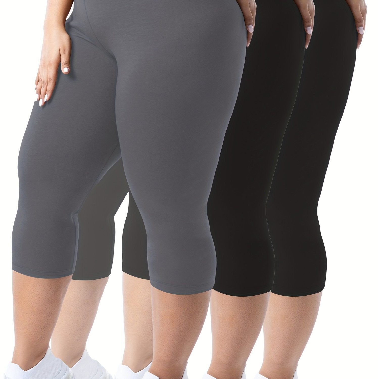 Plus Size Women's High-Waist Capri Leggings Solid Color Stretchy Casual