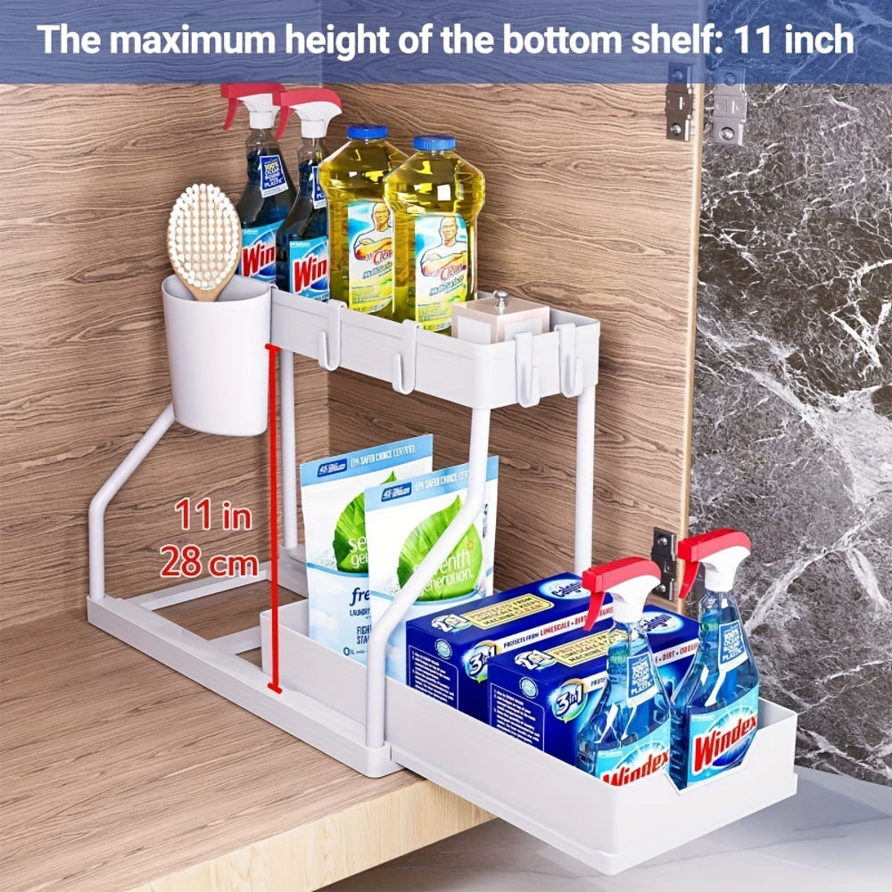Expandable Under Sink Organizer 2-Tier Pull-Out Storage Rack with Hooks and Hanging Cup for Kitchen Bathroom