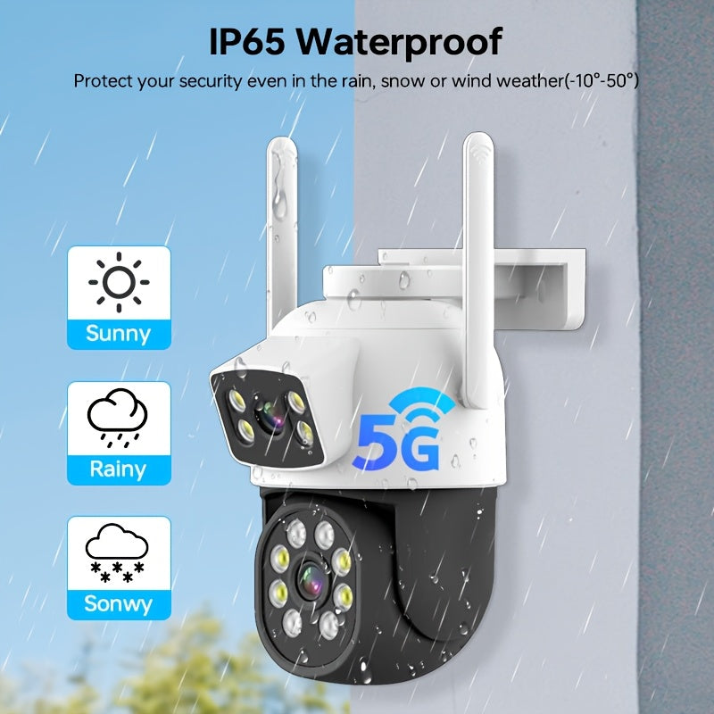 Cámara de seguridad exterior PTZ de doble lente 4MP con vista de 360 grados, detección de movimiento, audio bidireccional, Wi-Fi y visión nocturna