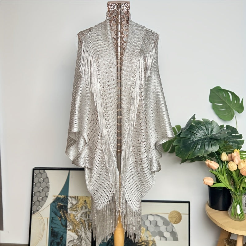 Gold Shawl with Webbed Fringe Versatile for Evening Events and Sun Protection