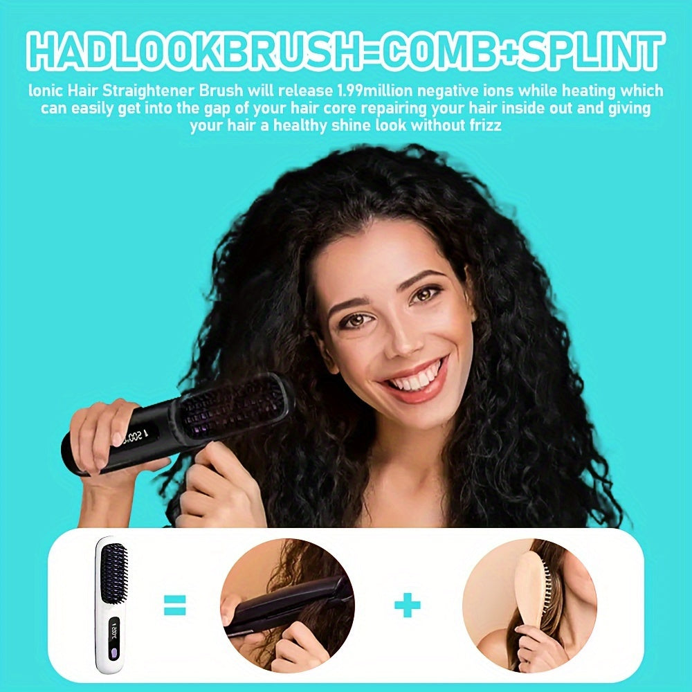 Portable straight hair brush with 3 temperature settings LED display USB charging 2000mAh lithium battery