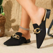 Women's Black Mules with Metallic Chain Pointed Toe Low Heel Flats