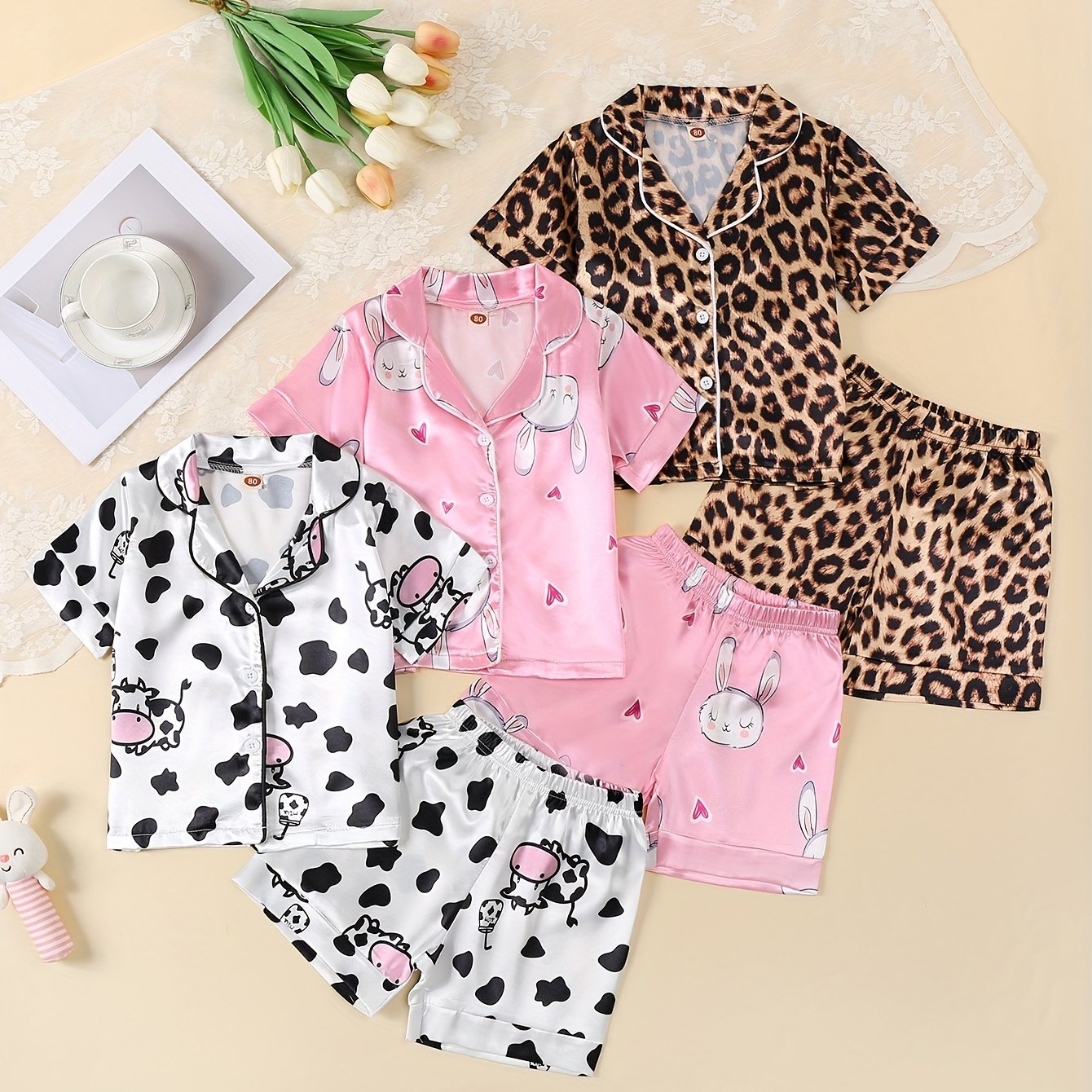 Girls Ice Silk Clothing Set 3-Piece with Animal Prints Short Sleeve Tops and Shorts
