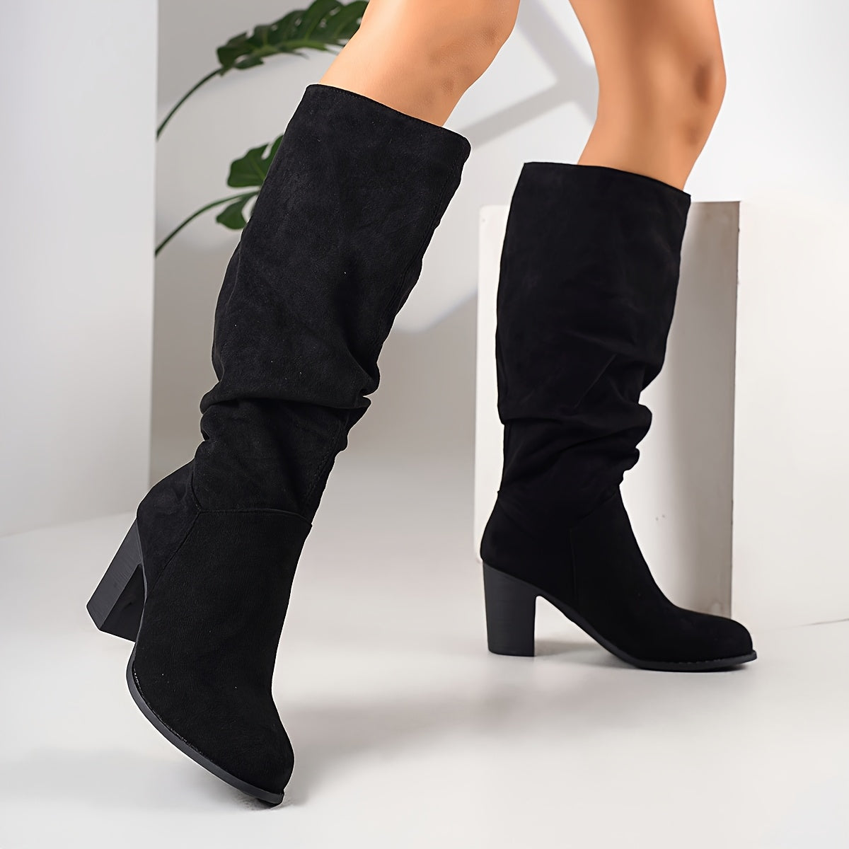 Women's Solid Color Mid Heel Block Boots Round Toe Slip-On Fabric