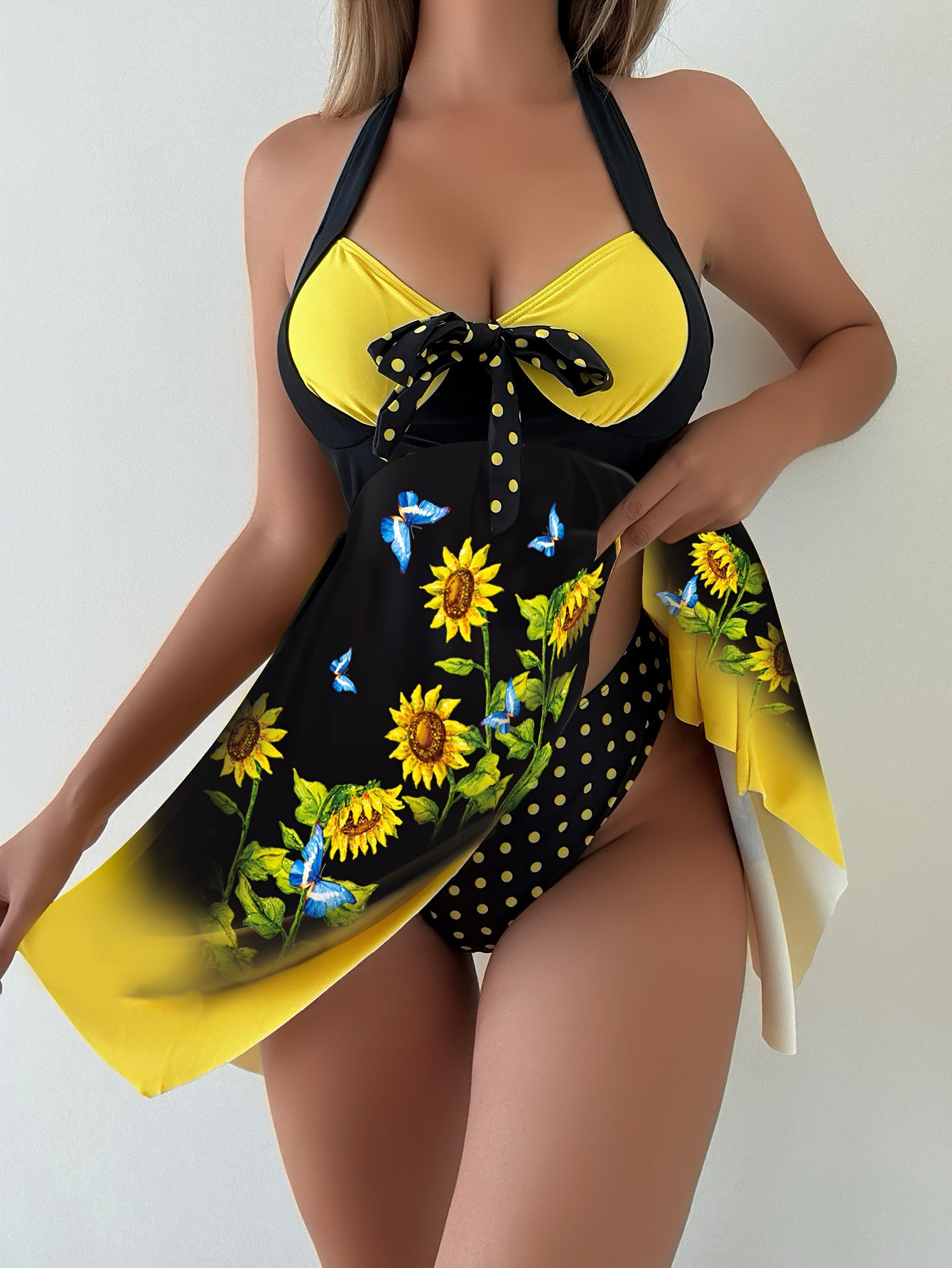 Women's Tankini Set with Sunflower Print and Dot Print Bottoms for Swimming