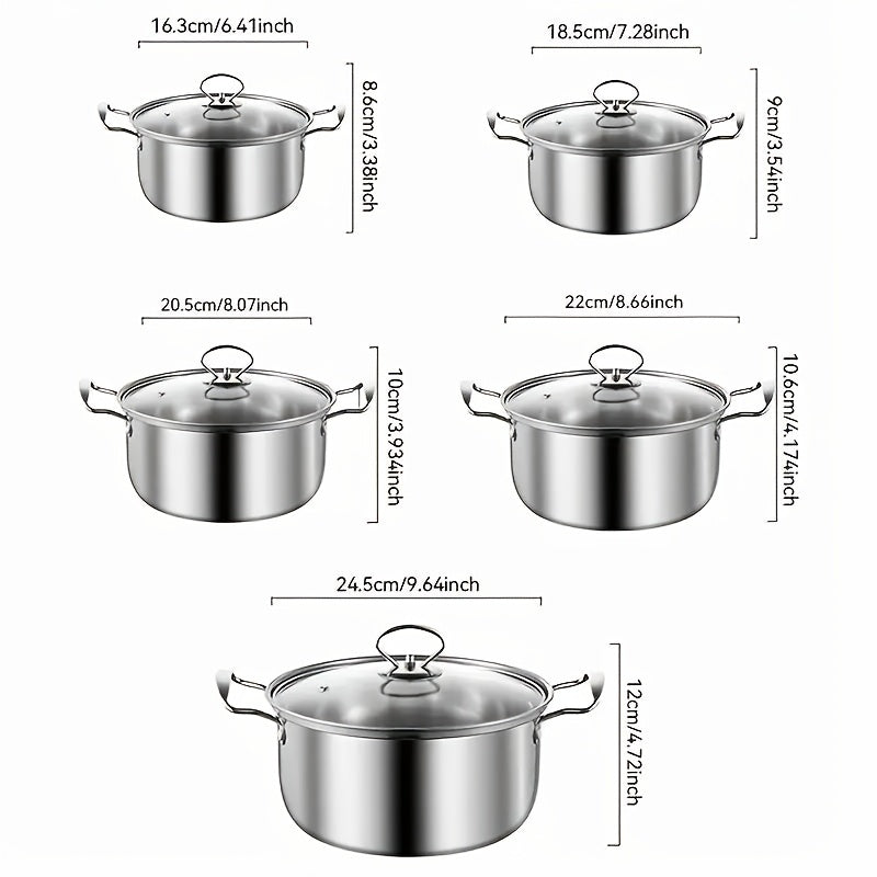 Set of 5 Stainless Steel Stock Pots with Lids, Double Handles, Large Capacity