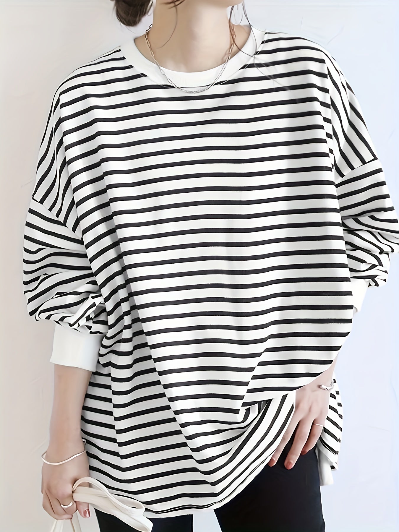 Plus Size Striped Pullover Sweatshirt Women's Long Sleeve Crew Neck Casual Autumn Spring