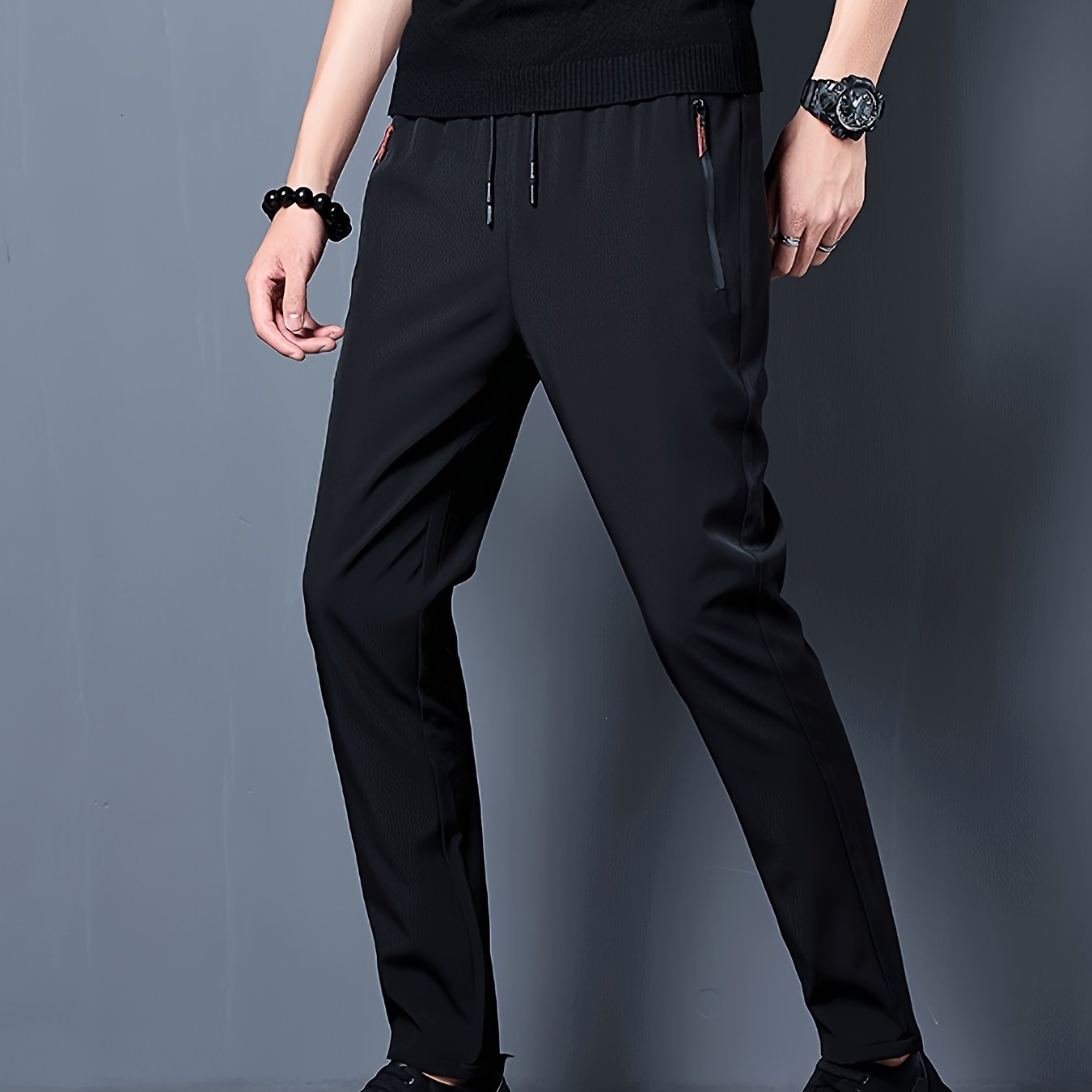 Men's Casual Solid Polyester Pants with Zipper Pockets Drawstring Barrel Trousers for Outdoor Activities