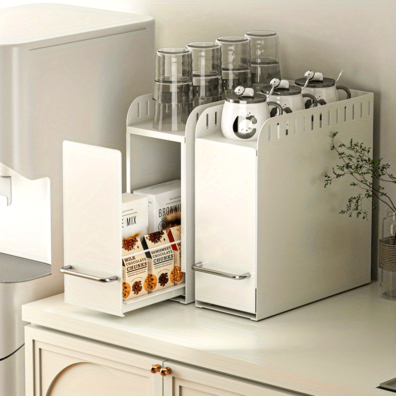 Metal Kitchen Spice Rack with Pull-Out Drawer, Narrow Tabletop Organizer for Tea Cups and Water Bottles