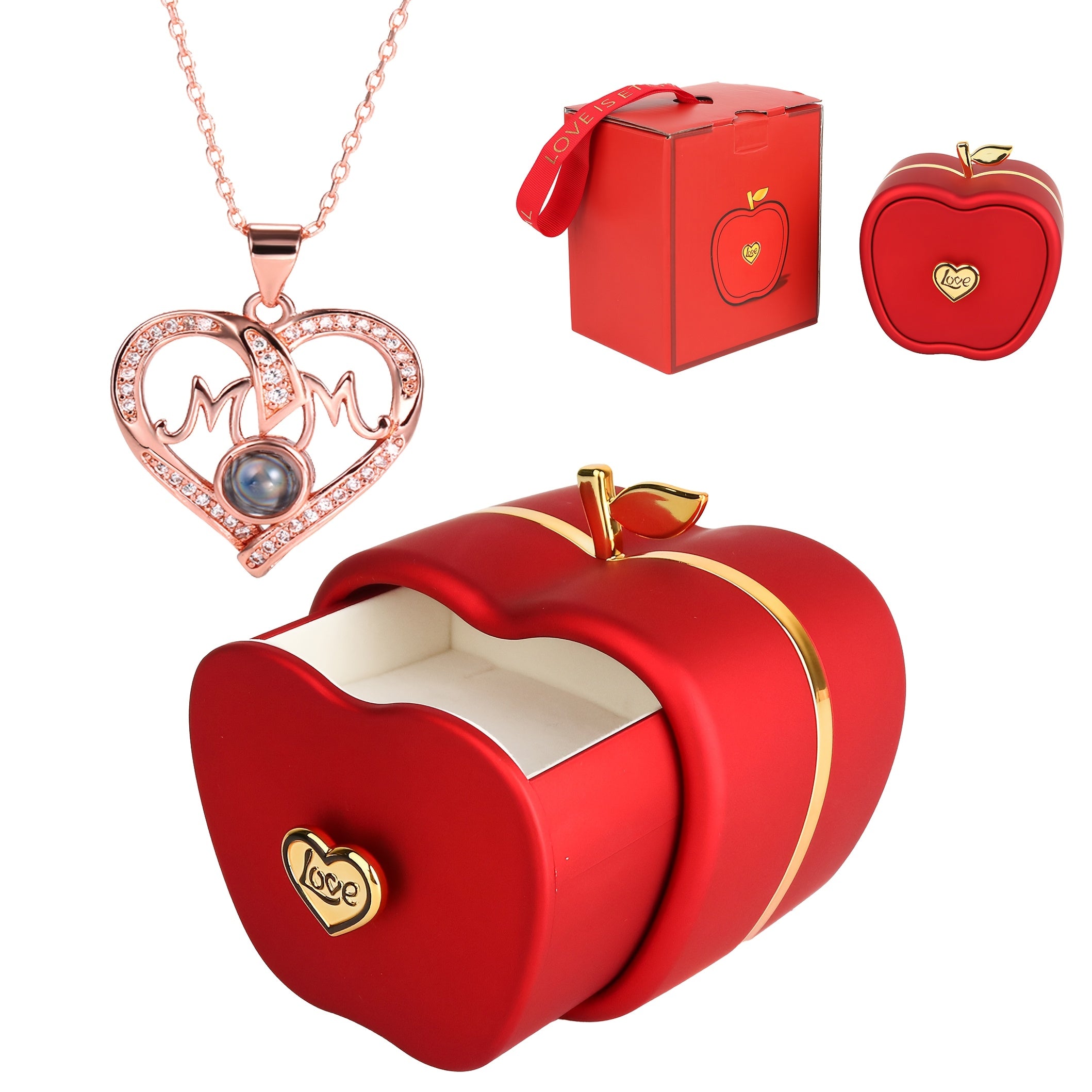 Red Apple Gift Box with Heart Pendant Necklace Rose Gold Plated Synthetic Zirconia Jewelry for Women
