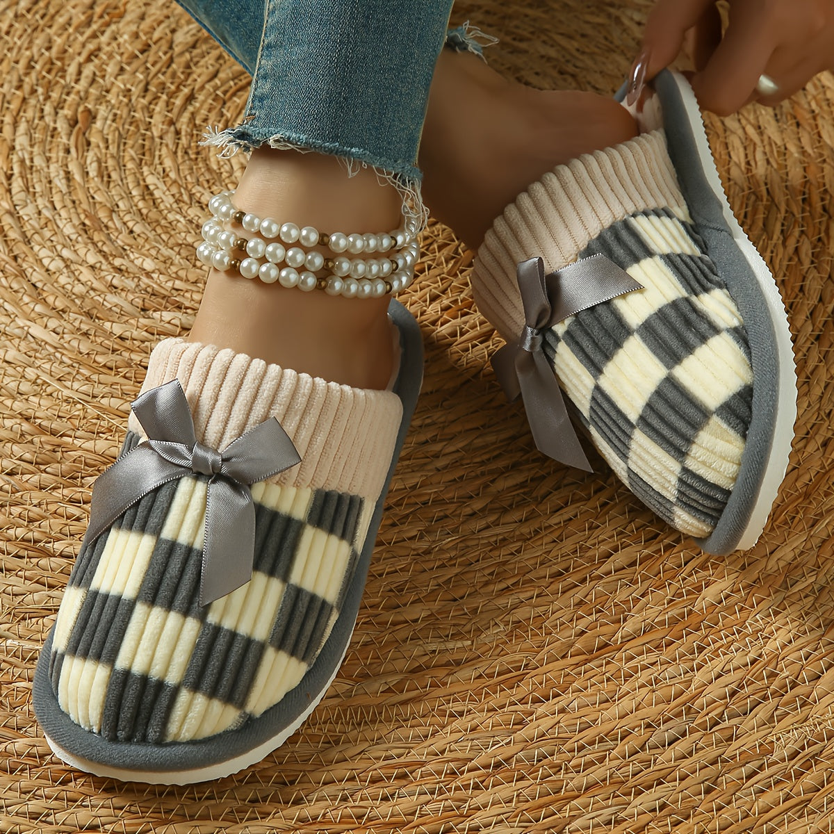 Unisex Checkered Knit Slip-On Slippers with Bow Indoor Comfort