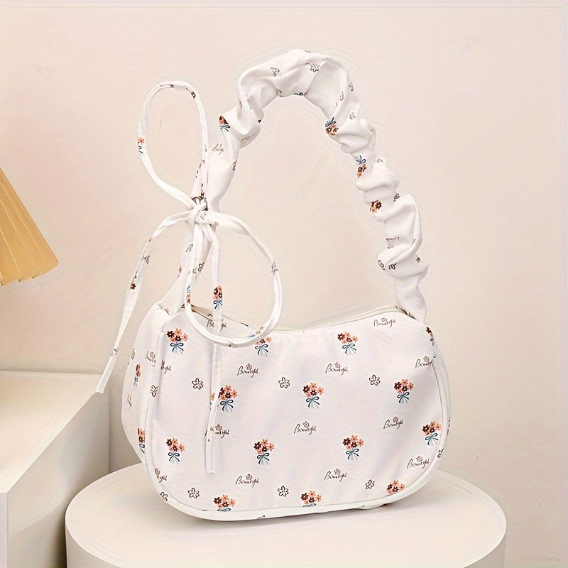 Women's Floral Nylon Shoulder Bag with Fixed Strap and Zipper Closure