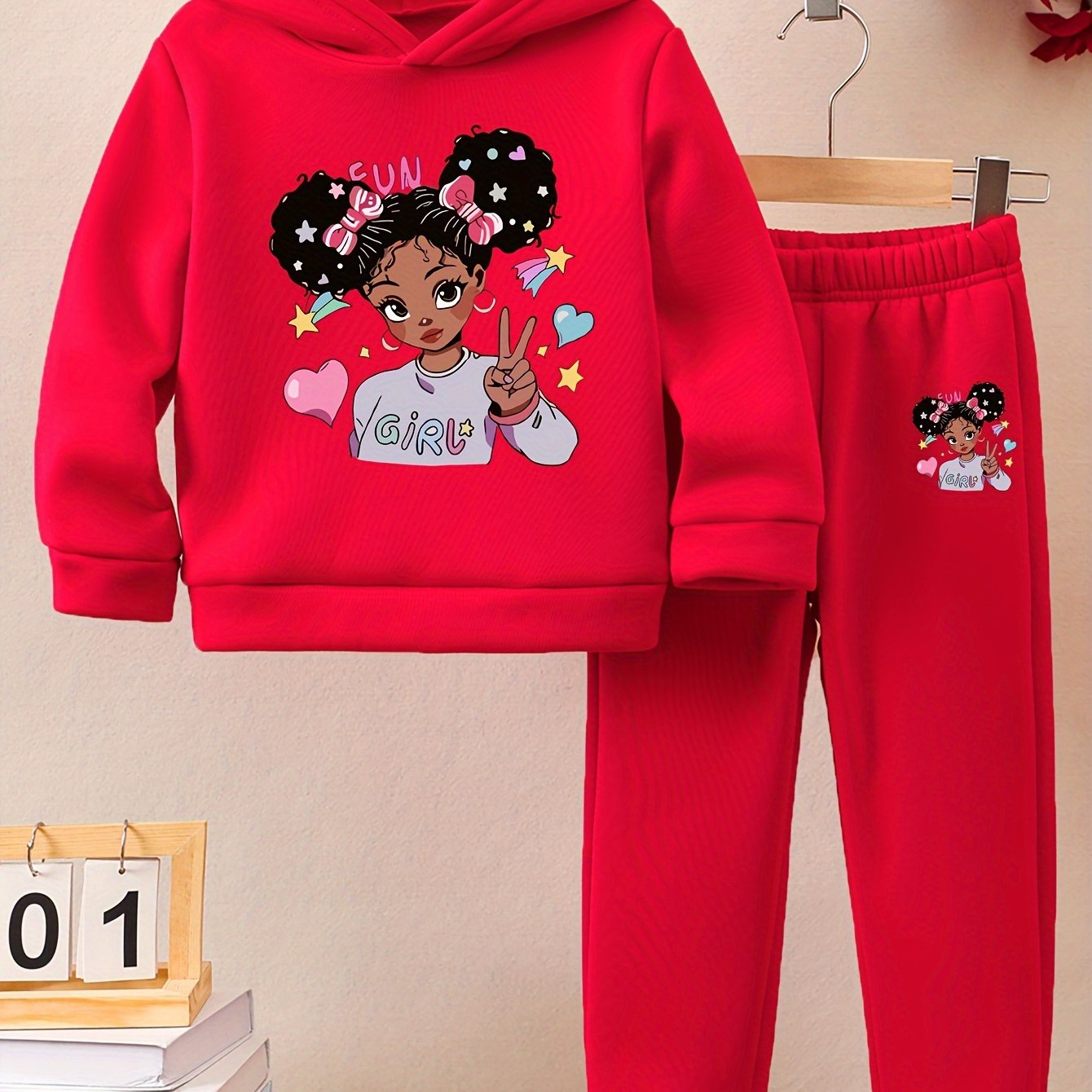 Girls' Fleece-Lined Autumn Winter Hoodies and Sports Pants with Printed Patterns
