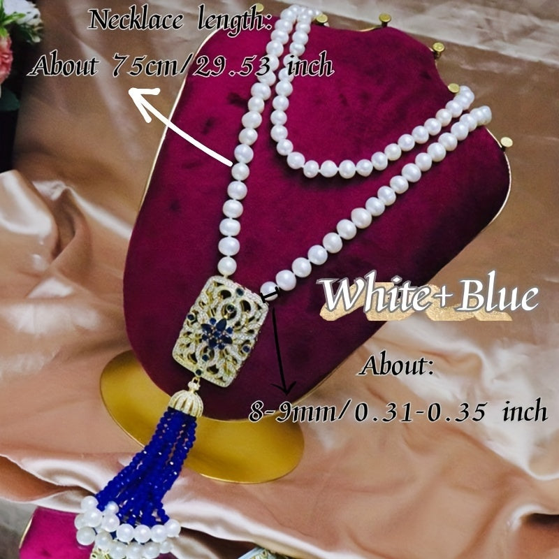 Vintage uslubidagi shirin suv marvaridli sviter bilaguzuk, Chexiya kristall tassellari bilan bezatilgan - har qanday tadbir uchun nafis va ko'p qirrali, sovg'a qutisi bilan birga mukammal sovg'a.