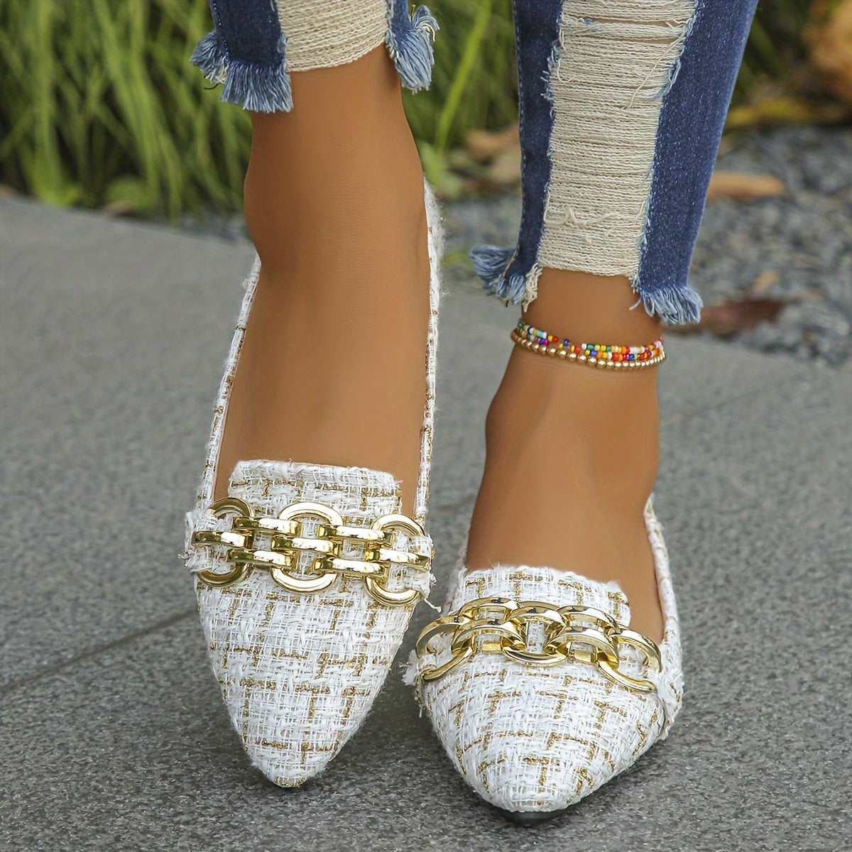 Women’s Metallic Chain Detail Pointed Toe Flats for Work and Casual