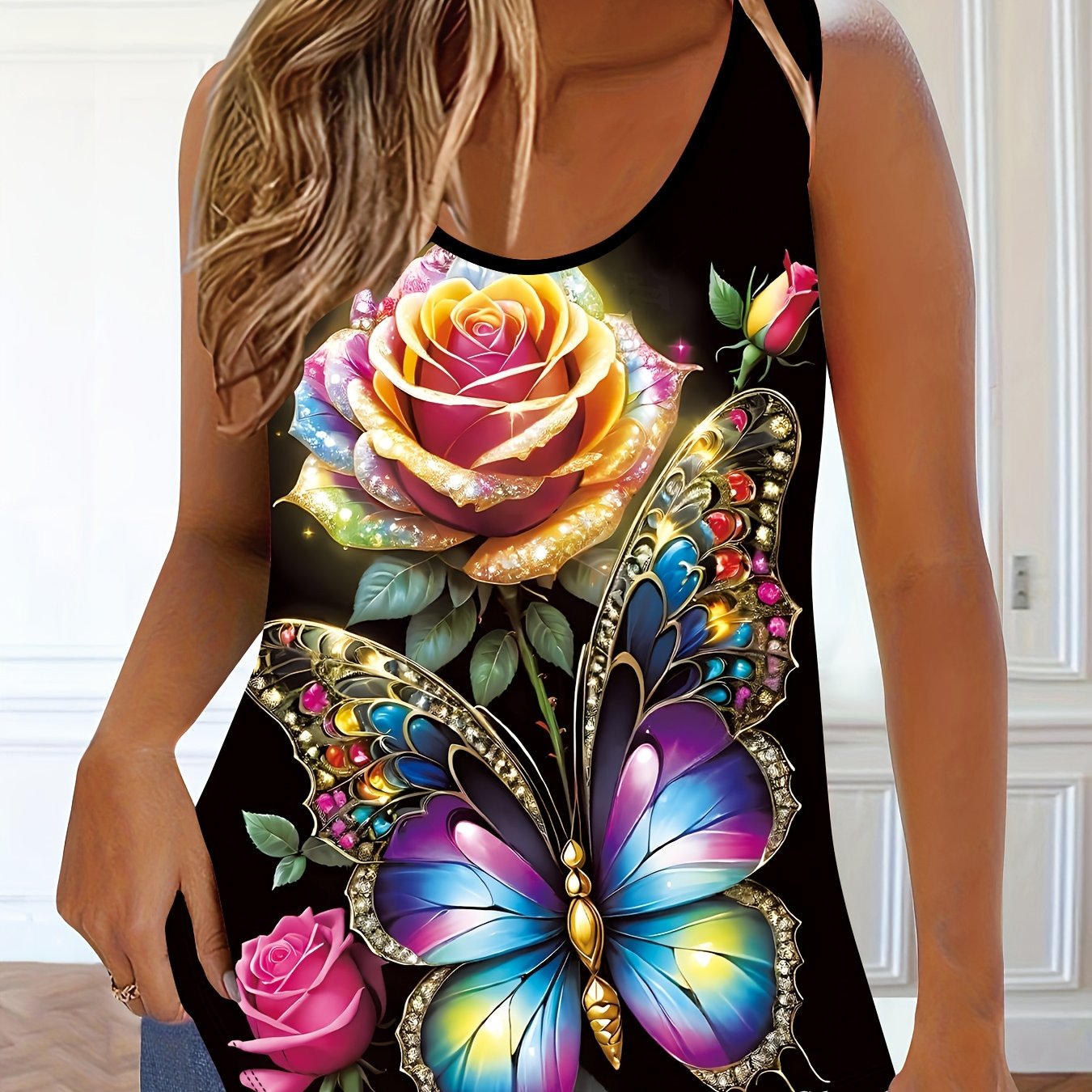 Топ без рукавов для полных женщин с принтом подсолнечника и бабочки, черный и желтый