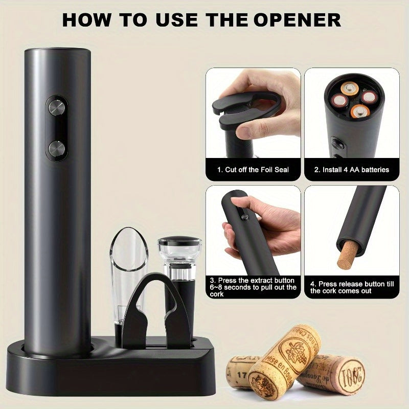Electric Wine Opener Set with Foil Cutter Vacuum Sealer and Storage Base