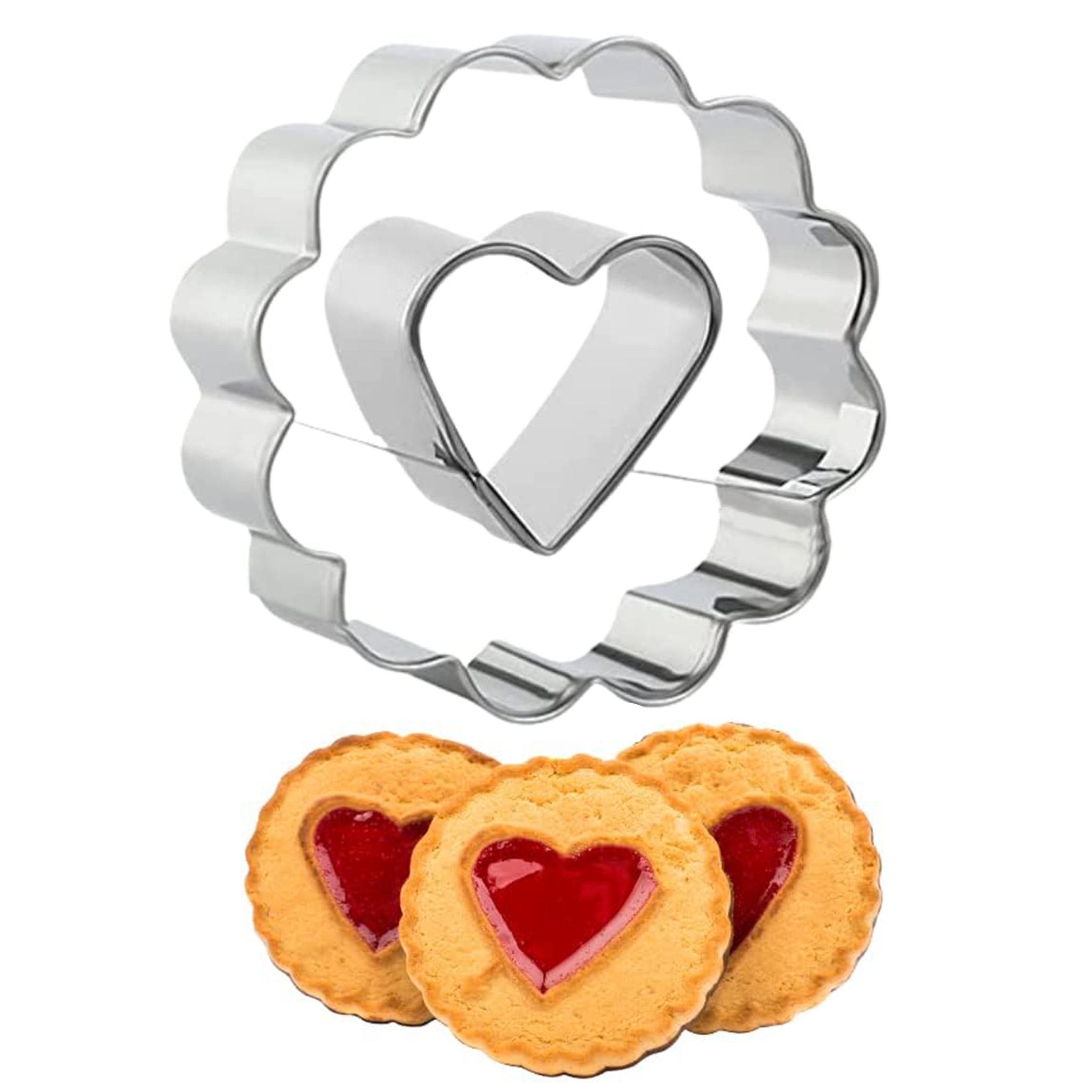 Stainless Steel Cookie Cutter Set Heart and Scalloped Edge Sandwich Molds for Baking 5cm